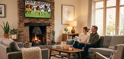 A couple sits on a sofa watching a football game near a crackling fireplace.